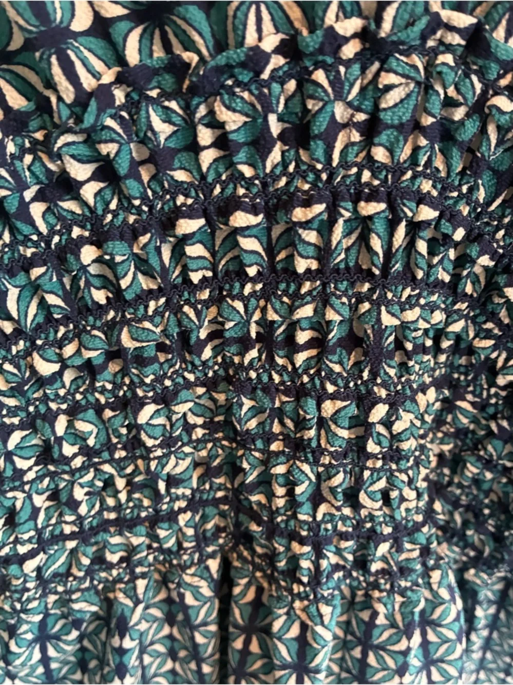 Blue Geometric Jumpsuit with Smocked Waist and pockets! - Picture 7 of 7